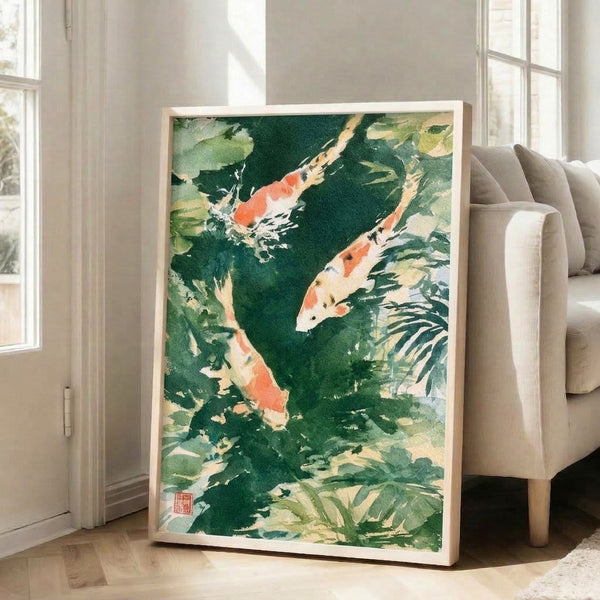 Tranquil watercolor artwork of koi fish gliding through layered green water plants and lily pads, rendered in meditative Japanese aesthetic with warm coral accents and cool charcoal tones.
