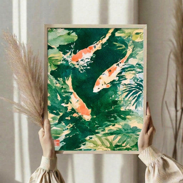 Meditative watercolor koi pond scene framed on wall, blending traditional Japanese brushwork with serene swimming fish, sage vegetation, and a sophisticated palette of forest green, coral, and charcoal.