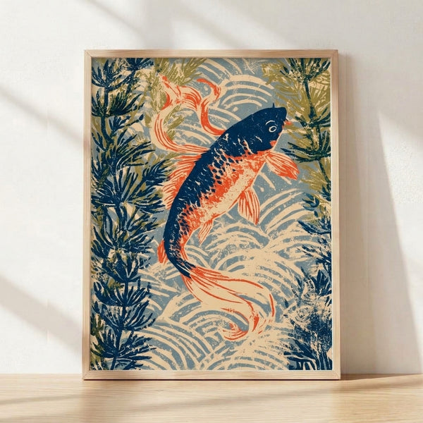 Serene Japanese woodblock print featuring elegant koi fish swimming among sage green water plants against a navy blue background, with rust red and gold accents in vintage Art Nouveau style.