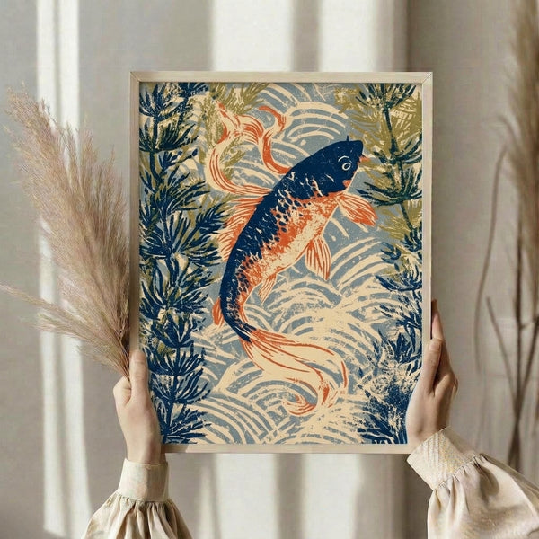 Meditative art print depicting graceful koi fish and seaweed in traditional Japanese woodblock technique, rendered in calming navy, cream, sage, and rust tones with gold details.