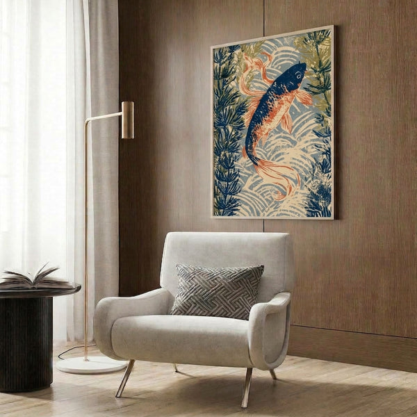 Vintage-inspired framed poster showcasing tranquil koi fish and aquatic flora in navy and sage green, executed in Japanese woodblock style with Art Nouveau elegance and warm rust and gold highlights.
