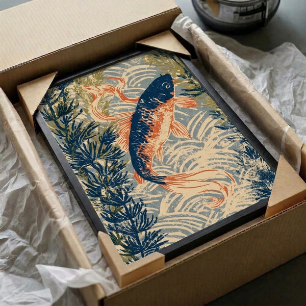 Classical Japanese woodblock-style art print of contemplative koi fish navigating through water plants, balanced in a sophisticated palette of navy blue, cream, sage green, rust red, and golden accents.
