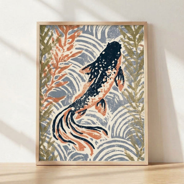 Japanese woodblock print of koi fish swimming among aquatic plants in serene waters, rendered in black, rust orange, and slate blue tones with minimalist elegance on cream background, framed on wall.