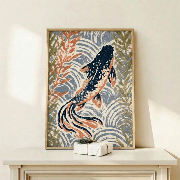 Japandi-style framed art print depicting graceful koi in meditation, featuring traditional woodblock technique with olive green and slate blue palette against neutral cream, evoking zen garden tranquility.