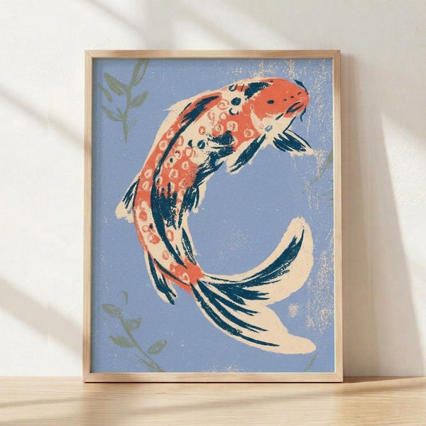 Serene koi fish in flowing water rendered in Japanese woodblock style with periwinkle blue, coral red, and sage green hues, creating a contemplative Japandi wall art piece.