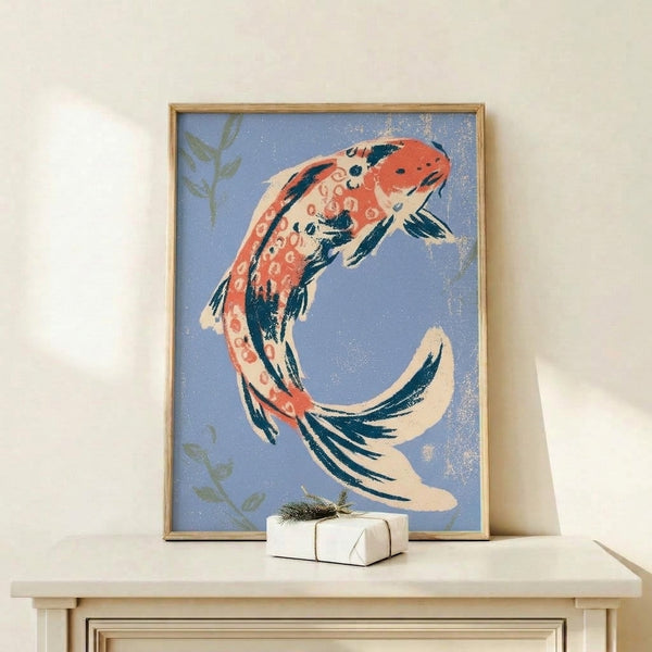 Elegant framed poster featuring gracefully curved koi swimming among aquatic plants in vintage Japanese aesthetics with cream, navy, and soft periwinkle tones.