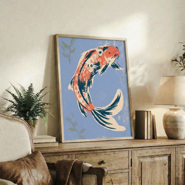 Tranquil koi fish artwork in traditional woodblock-inspired style with sophisticated palette of blue, coral, and sage, evoking a zen garden atmosphere.
