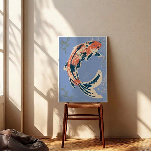Japandi wall print depicting serene koi with flowing curves and aquatic botanicals in muted periwinkle, cream, and coral tones with elegant vintage character.