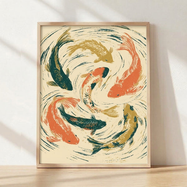 Serene Japanese woodblock-style framed poster depicting koi fish circling in teal and coral waters with gold accents on a cream background, evoking zen meditation and Japandi minimalist design.