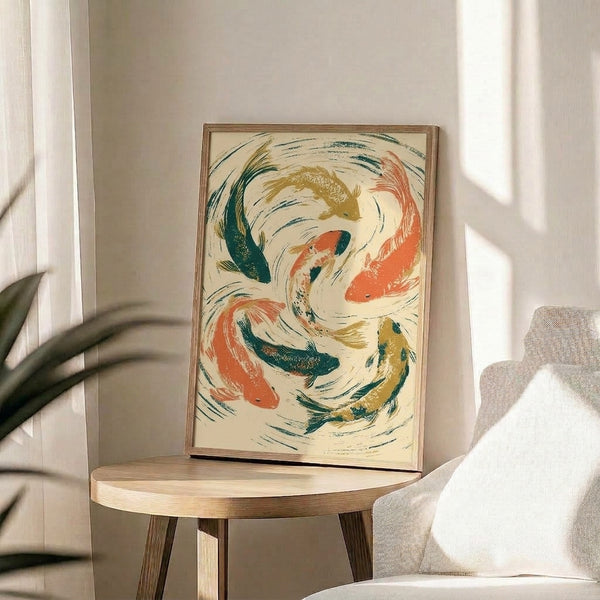 Minimalist Japandi art print showing graceful koi swimming in harmonious circular patterns rendered in cream, teal, coral, and dark green tones with gold detailing inspired by traditional Japanese aesthetics.