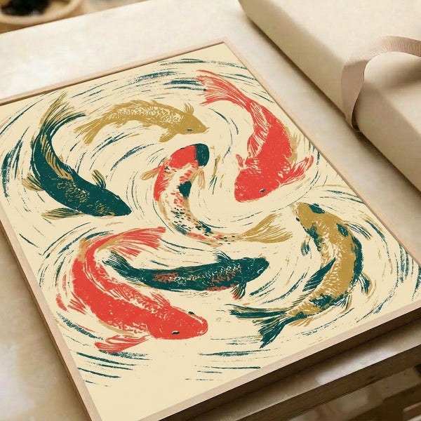 Zen-inspired framed wall art of circling koi rendered in muted cream, teal, coral, and gold palette with dark green accents, embodying serene Japanese minimalist design principles.