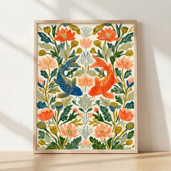 Serene koi fish swimming among lotus flowers and green foliage in art nouveau style, rendered in coral, navy blue, and forest green with gold accents on cream background.