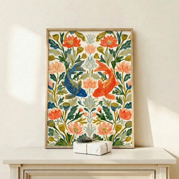 Japandi-inspired framed poster featuring graceful koi and blooming lotus flowers in a balanced nature composition with soft gold and deep blue tones.