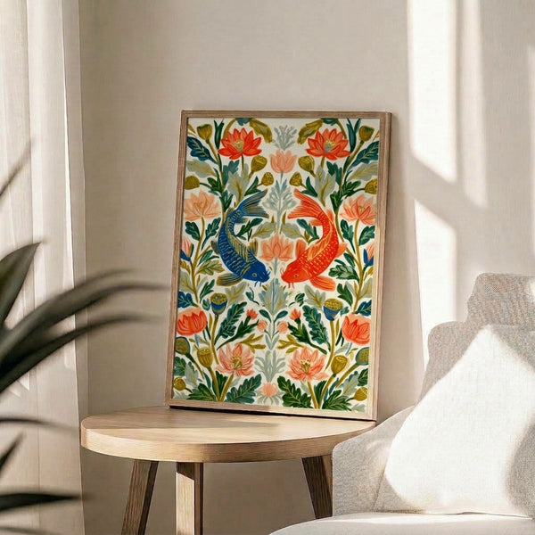 Boho wall art print depicting koi fish nestled in a lotus garden with organic flowing lines, nature-inspired palette of coral, navy, and forest green.