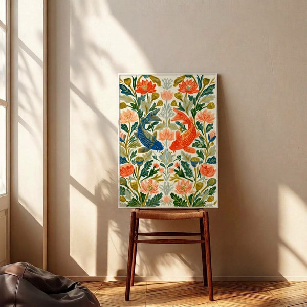 Nature-harmonious framed art print of swimming koi among lotus blossoms and leaves, blending japandi aesthetics with art nouveau elegance in warm and cool tones.