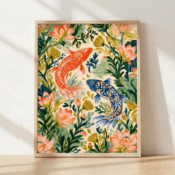 Serene framed art print depicting koi fish swimming among lotus flowers in a contemplative garden scene, rendered in Japandi style with coral, navy blue, sage green, and gold tones.