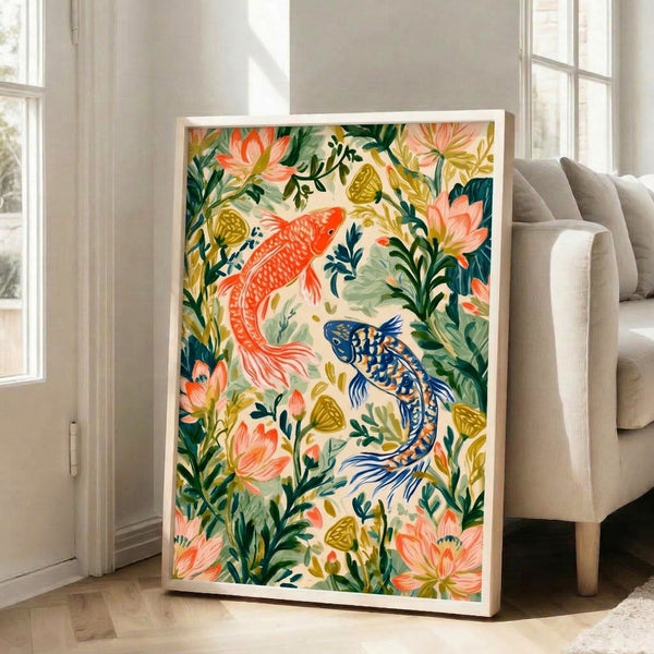 Japandi-inspired poster featuring graceful koi and blooming lotus blossoms in a balanced composition, combining traditional Japanese woodblock aesthetics with boho elements in cream, coral, and sage green.