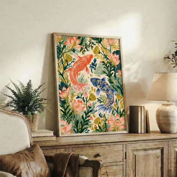Framed botanical wall art showcasing stylized koi pond with lotus flowers in Japanese woodblock style, featuring a calm palette of navy blue, gold, and soft green hues.