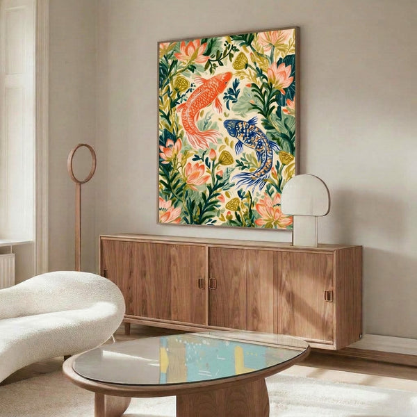 Tranquil Japandi wall print of koi fish and water lilies in an abstract garden setting, blending serene contemplative mood with boho design in coral, navy, sage, and cream tones.