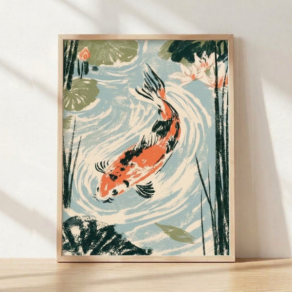 Framed Japanese woodblock-style poster featuring koi fish swimming among lotus flowers and lily pads in dusty blue and coral orange tones with sage green accents, evoking a tranquil, meditative pond scene.
