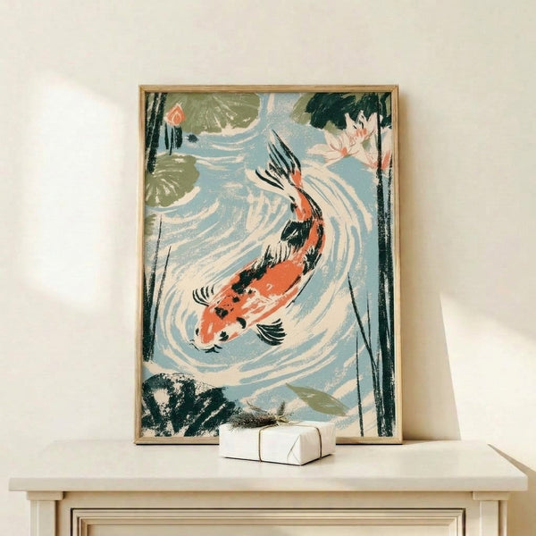 Minimalist vintage poster art depicting graceful koi and blooming lotus flowers in a serene water setting, rendered in soft dusty blue, coral, and cream with charcoal details for a zen aesthetic.
