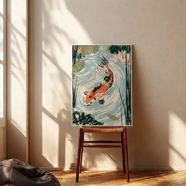 Tranquil Japanese-inspired framed print showing ornamental koi fish gliding through a lotus pond with reeds, combining warm coral and cool blue hues in a harmonious, meditative composition.