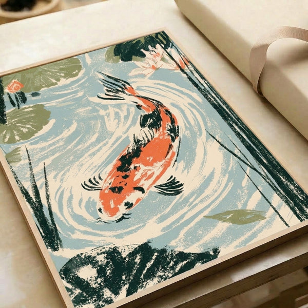 Vintage-style wall art of koi fish and water lilies in a minimalist Japanese design, dominated by peaceful dusty blue and coral orange with sage green, creating a calming zen atmosphere.
