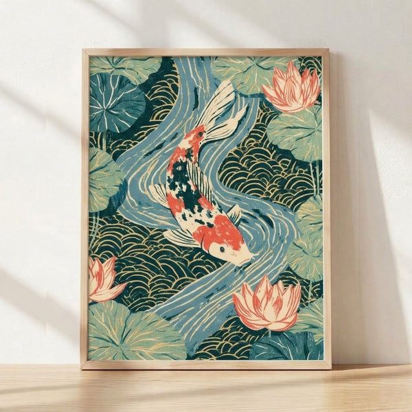 Serene Japanese woodblock-style art print featuring colorful koi swimming among lotus flowers and lily pads in a tranquil pond, rendered in teal, gold, coral, and cream tones.