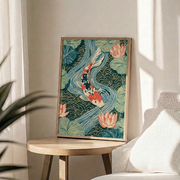 Elegant framed poster depicting koi fish gliding through a lotus pond in Art Nouveau aesthetic, with rich teal and gold hues evoking contemplative calm.
