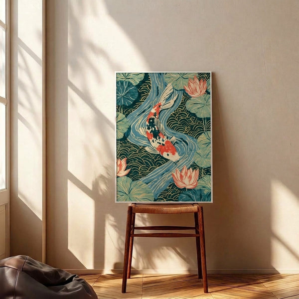 Framed wall art showcasing graceful koi among blooming lotus flowers in a Japanese woodblock style, combining cream, coral red, and dark teal in a peaceful composition.