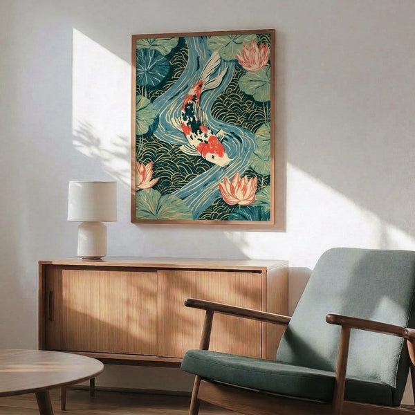 Contemplative Asian-inspired art print of koi and water lilies in an elegant woodblock design, featuring serene teal, gold, and coral accents.