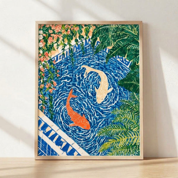 Serene watercolor art print depicting koi swimming in a garden pond surrounded by flowering plants and foliage, rendered in art nouveau and Japanese woodblock style with cobalt blue, coral red, and forest green tones.