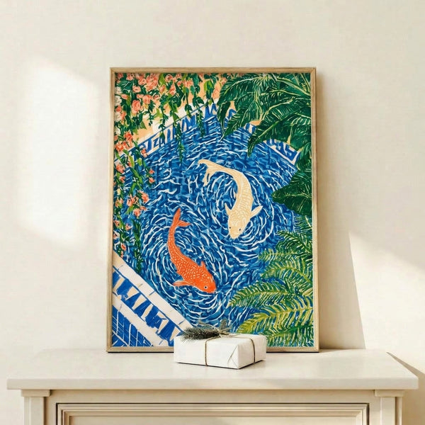 Contemplative framed poster featuring elegant koi fish gliding through water among blooming flowers and lush vegetation, blending Japanese aesthetic with art nouveau elegance in cream, pale yellow, and cobalt blue hues.