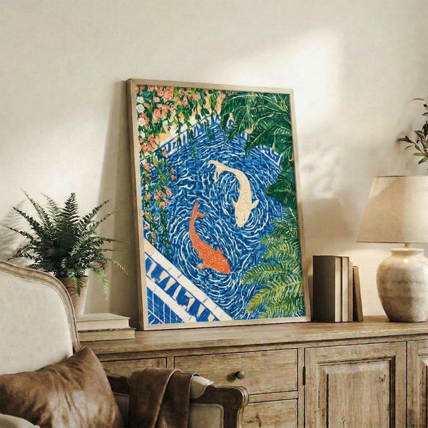 Japanese-inspired watercolor print of a tranquil koi pond garden with graceful fish, delicate flowers, and wooden fence details, executed in soft art nouveau style using coral red, forest green, and cream palette.