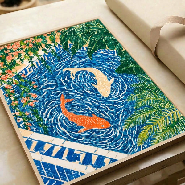 Elegant wall art displaying a peaceful koi garden scene with flowing water, ornamental fish, blooming plants, and traditional fence elements, painted in soothing watercolor with Japanese woodblock influences and rich blue and green tones.