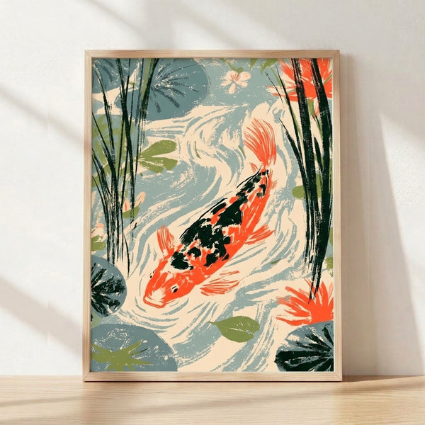 Framed Japandi art print depicting koi swimming among lily pads and reeds in a serene pond, rendered in soft dusty blue, cream, coral red, and olive green tones with minimalist Japanese woodblock styling.
