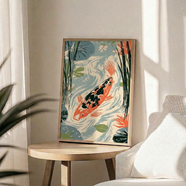 Zen-inspired poster art showing graceful koi fish in a tranquil water garden with floating plants and botanical elements, combining traditional Japanese aesthetics with modern minimalist design in muted earth and blue hues.