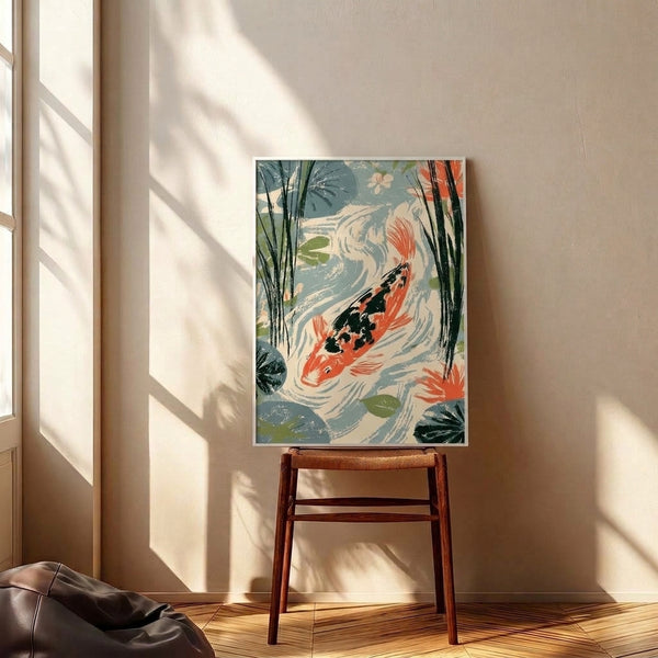 Contemplative wall art featuring koi pond scene with swimming fish, aquatic flora, and delicate reeds in a calm Japanese style, illustrated in soft cream, dusty blue, coral accents, and black linework.
