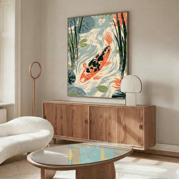 Japandi nature poster displaying a peaceful koi pond landscape with fish, water plants, and lily pads in harmonious minimalist composition, colored in soothing dusty blue, cream, olive, and subtle coral tones.