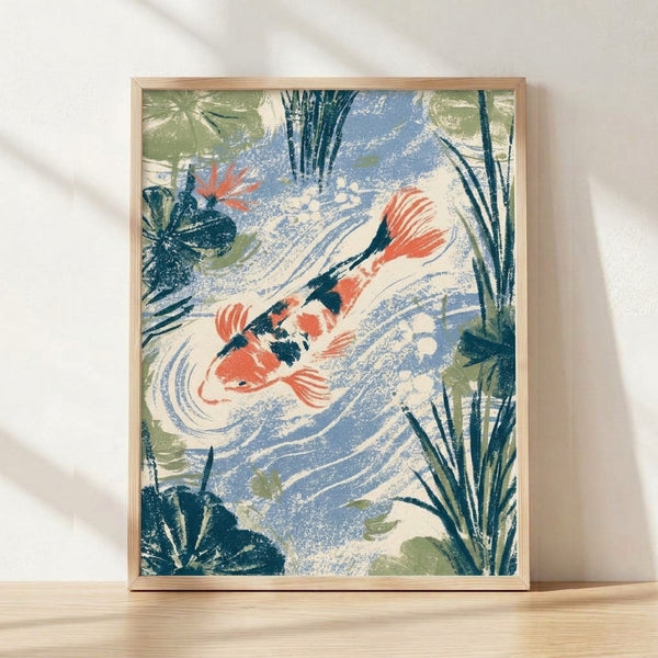 Japanese woodblock print depicting koi fish swimming among water lilies and reeds in a serene pond, rendered in deep teal, coral-red, and sage green tones.