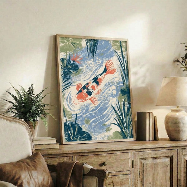 Framed Japandi art print showing graceful koi fish beneath aquatic plants in a contemplative water scene with slate blue and cream accents.