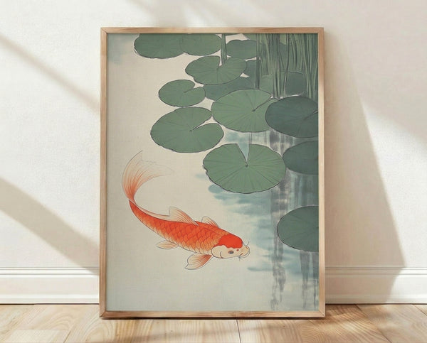 Serene Japanese woodblock-style framed poster featuring koi fish and lily pads in a pond, rendered in sage green, coral red, and soft blue-gray tones with minimalist composition.