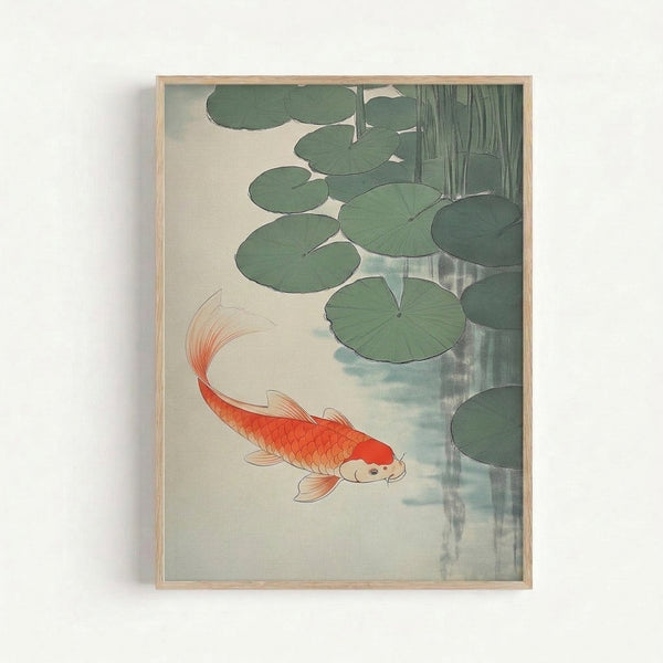 Tranquil Japandi art print on wall showing swimming koi fish among lily pads, combining traditional woodblock aesthetics with meditative, calming color palette of cream and muted greens.