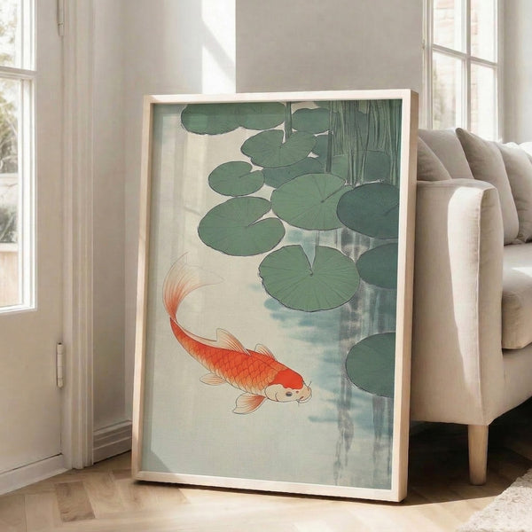 Peaceful water scene poster featuring ornamental koi fish and water lilies, rendered as a woodblock-inspired print with serene palette of cream, coral, and cool blue-gray hues.
