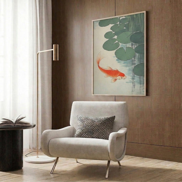 Meditative Japandi-style poster art showing koi fish among lily pads in a pond setting, combining woodblock print aesthetics with a soothing palette of muted greens and soft blues.