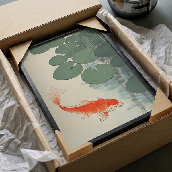 Serene framed print featuring stylized koi fish and floating lily pads in a traditional Japanese woodblock manner, capturing tranquility through sage, coral, and cream-colored palette.