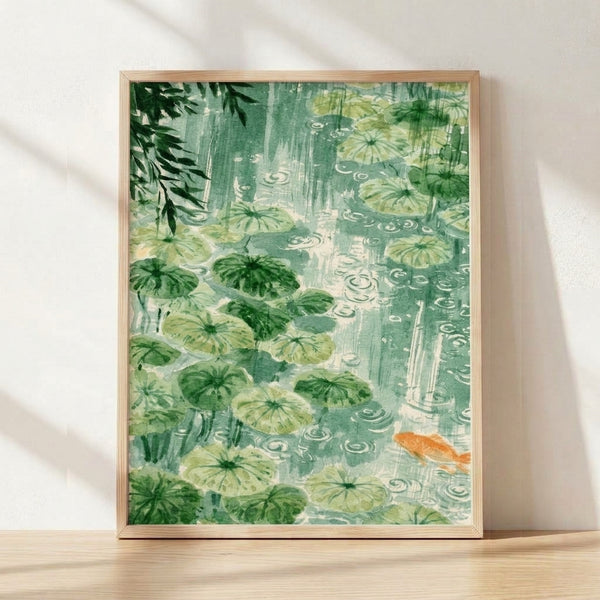 Watercolor framed poster of koi swimming among lily pads in a serene pond, painted in soft sage and mint greens with cream accents and warm orange fish details, evoking a calm Japandi aesthetic.