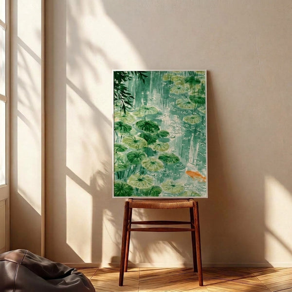 Serene watercolor art print featuring orange koi beneath floating lily pads and bamboo elements, rendered in muted forest and sage green tones for a meditative, zen-inspired wall display.