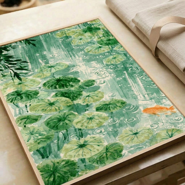 Minimalist watercolor poster depicting koi among water lilies with soft cream and sage green palette accents, creating a calming meditative focal point for any room.
