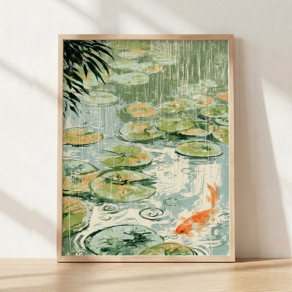 Japanese woodblock-style framed poster of koi swimming among lily pads in a rain-soaked pond, rendered in sage green, soft blue, and burnt orange with contemplative mood.
